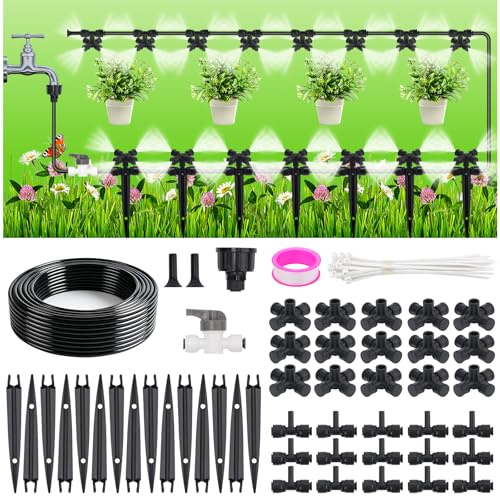 50FT Drip Irrigation System Kit, Garden Watering System with 1/4 tube | Quick Connectors & Adjustable Mist Nozzles, Garden Irrigation System for Plants, Raised Bed, Greenhouse, Patio Cooling, Lawn
