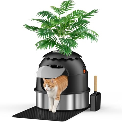 Cat Litter Box Enclosure with Faux Plant, Hidden Stainless Steel Litter Tray & Accessories (Scoop, Pad, Carbon Filter) – Modern Cat Toilet Cabinet for Living Room, Bedroom, Corner – Black