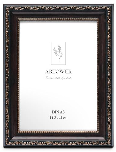 Artower Marco de fotos barroco marrón DIN A5 15 x 21 cm pequeño vintage antiguo marco de fotos con cristal acrílico – Marco de plástico para fotos, pósteres, dibujos infantiles, pared de fotos