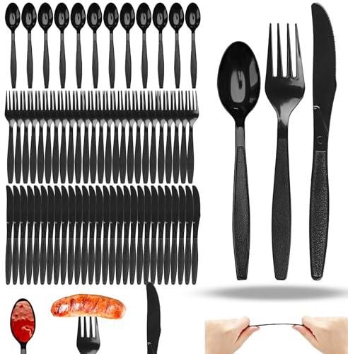 110 Stück Plastikbesteck Schwarz Set, Enthalten Plastikgabeln, Plastiklöffel, Plastik Messer für Wiederverwendbar Besteck
