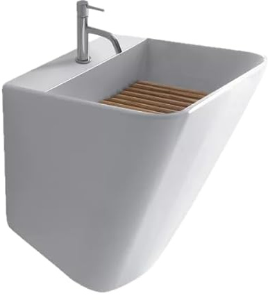 Lavabo Lavatoio Galassia Meg11 55x47 Bianco in Ceramica Lucida, Made in Italy - Lavatoio Filo Muro Design Moderno Salvaspazio - Vasca Lavamani per Arredo Bagno Lavanderia Interna - Resistente (55x47)