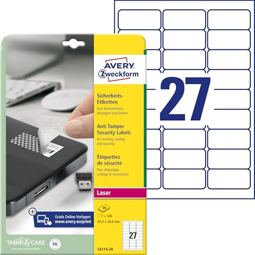 AVERY Zweckform L6114-20 Sicherheitsetiketten (540 Folienaufkleber, 63,5x29,6mm auf A4, stark selbstklebend, fälschungs-/manipulationssicher Sicherheitsfolie, bedruckbare Klebefolie) 20 Blatt, weiß