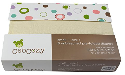 OsoCozy Prefolds Unbleached Cloth Baby Diapers, Size 1 (7-15 lbs), 6 Pack, Soft, Absorbent and Durable 100% Natural Cotton