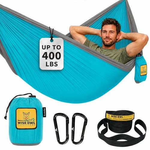 Wise Owl Outfitters Hängematte für Camping, Einzelhängematten, Ausrüstung für Outdoor, Rucksackreisen, Überleben oder Reisen, tragbar, leicht, Fallschirm-Nylon, Blau und Grau