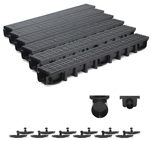 6m Entwässerungsrinne für modulares System A15 98mm, komplett Stegrost Kunststoff, Schwarz Line