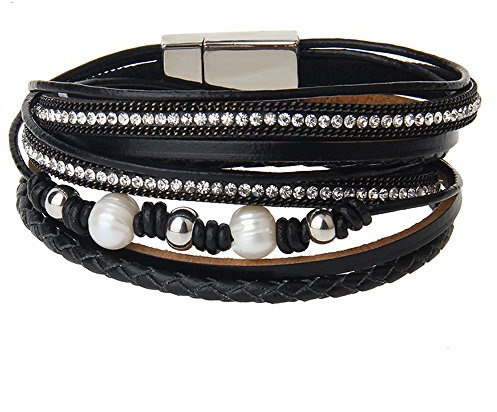 Cheerlife Leder Wickelarmband mit Flechtelement Strass Perlen Armband geflochten Armschmuck Magnetverschluss
