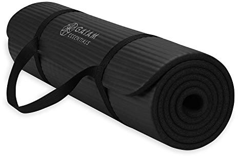 Gaiam Essentials Thick Yoga Mat Fitness & Exercise Mat with Easy-Cinch Carrier Strap, Black, 72L X 24W X 2/5 Inch Thick
