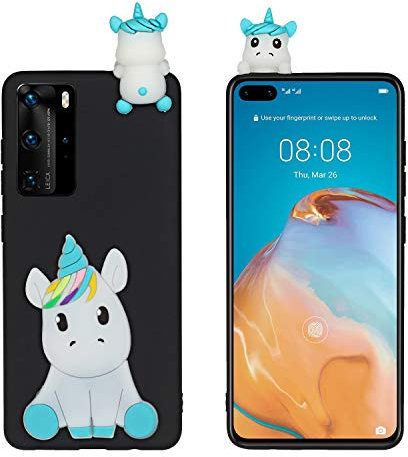 HopMore kompatibel mit Huawei P40 Pro Handyhülle Weich Silikon 3D Muster Kawaii Tier Hüllen Dünn Slim Case Stoßfest Huawei P40 Pro Hülle Schutzhülle Cover Gel - Schwarzes Einhorn