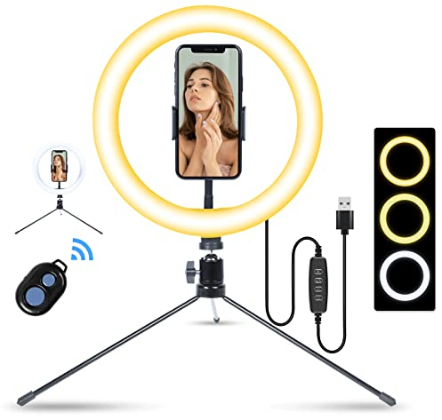 AGM 10” LED Ring Light with Tripod Stand & Phone Holder 3 Light Modes & 10 Brightness Level for Video/Photography/Live Streaming