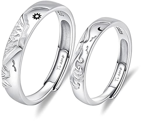 ANAZOZ Anillo con Grabado(Ti Amo),Anillos de Compromiso Parejas,Anillo Plata Ley 925,Anillo Sol y Luna de Montaña y Mar Anillo Pareja Ajustable