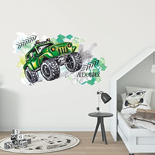 Monster Truck Wandtattoo mit Name – Kinderzimmer Junge – 53x30cm | Personalisierbares Monster-Truck-Wandtattoo mit Wunschname