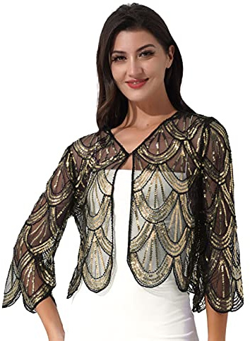 CHICTRY Women Shiny Sequins Evening Cape Vintage Long Sleeve Party Bolero Shrug Cardigan Gold One Size
