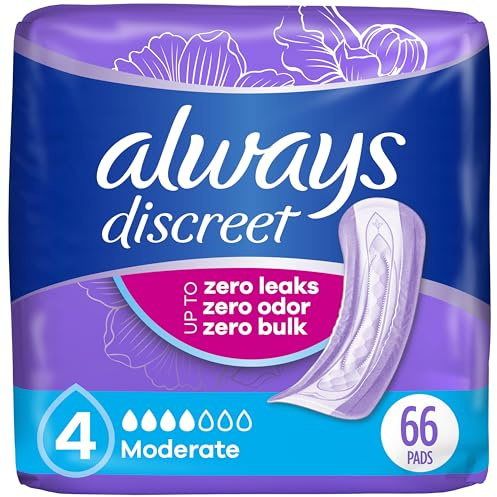 Always Discreet Adult Incontinence Pads for Women, Drier vs Poise, 4 Drop Regular Length, Moderate Absorbency, Pads for Bladder Control Management, Bladder Leaks, & Postpartum Pads, 66ct