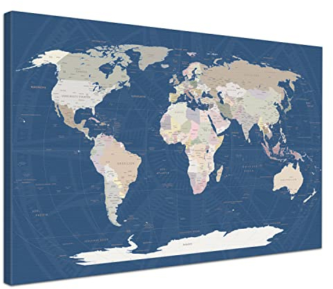 LANA KK Weltkarte-Pinnwand als Leinwandbild, pinne Deine Reisen und Erinnerungen – World Map Titan - Deutsch - Landkarten-Wandbild in blau, 100 x 70 cm