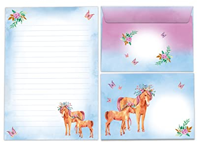 Briefpapier-Set Briefblock mit Umschlag für Kinder Einhorn Mädchen Kindermotiv (Block A5 mit 25 Blätter + 15 Umschläge)