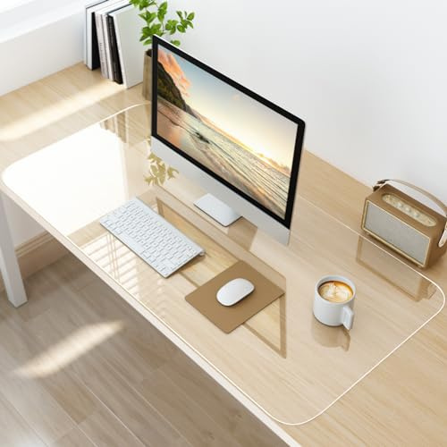 NATRKE Tapis de Bureau Transparent 90x40 cm, Grand Clair Sous-main Bureau Transparent PVC Tapis de Protection, Antidérapant Résistant à la Chaleur Tapis de Table pour Ordinateur Bureau Maison