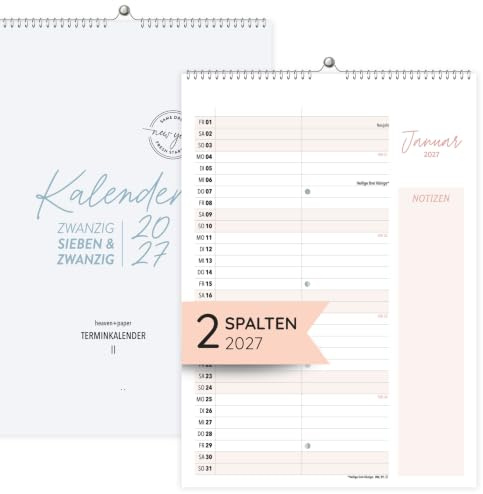 heaven+paper Wandkalender 2027 2 Spalten Cozy Jahreskalender 2027 A4 | Jahresplaner 2027 mit Feiertagen, Schulferien, KW, Mondphasen - Wandplaner 2027 für 1 bis 2 Personen, made in Germany