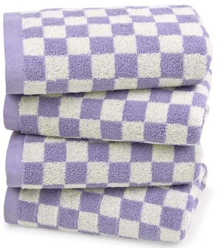 Jacquotha Handtuch für Badezimmer Gästezimmer Zuhause - 100% Baumwolle Handtücher Set Flieder Kariert Druck Extra Weich Saugfähig 4-teiliges Gesichtshandtuch-Set für den täglichen Gebrauch