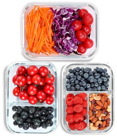 Liliume Meal Prep - Set di 3 contenitori in vetro, 1, 2 e 3 scomparti (1040 ml) controllo porzioni, ermetico, sicurezza in forno e congelatore