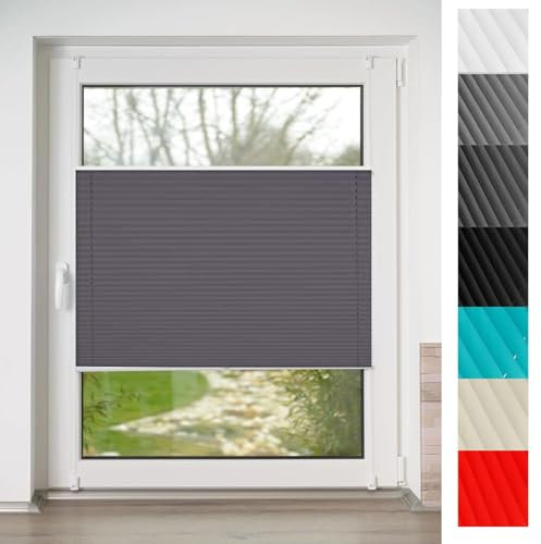 Plissee nach maß, Plissee zum Kleben 120 x 140 cm Verdunklungsplissee lichtundurchlässig Faltrollo Plisseerollo Jalousie 2 Bedienschienen aus Aluminium für Schlafzimmer, Dunkelgrau