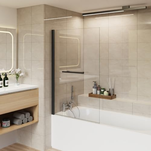 Aquariss 800x1400mm Square Pivot Bath Shower Screen Black with Towel Rail | Reversible, Aluminum Frame, Toughened Glass, Easy to Clean, Wall Adjustment, Seal Strips
