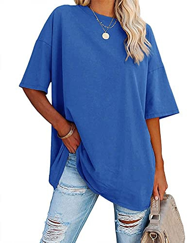 Ebifin Dam oversize t-shirt rund hals kortärmade toppar casual lös basic sommar t-shirts skjortor blus., 02 Blå, XL
