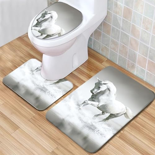 Badezimmerteppich Set 3 Teilig Tier Pferd & Weiß Badematte rutschfest Bad Teppiche, U-förmiger WC-Vorleger, WC-Deckelbezug für Dusche und Toilette Badezimmerdekoration