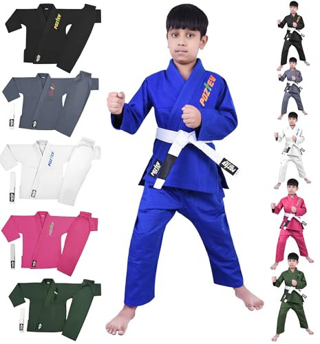 POZTEV Kids Brazilian Jiu Jitsu Gi For Kids BJJ Gi Youth Grappling Kimonos Preshrunk Lightweight Children Martial Arts Training Uniform With Free White Belt (BL,K2)