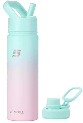 SUNWILL Stainless Steel Water Bottle with Straw, 650ml Insulated Water Bottle Metal, Leakproof Water Flask for Gym & Travel, Gradiant Mint Sakura