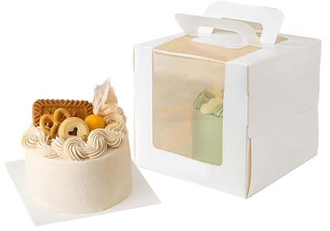 Roppolo 15 Pcs 6x6x5 Inch White Cake Boxes with Handle & Boards, Easy Carrying Paper Cake Containers, Cake Holder Window Carriers for Birthday Christmas Birthday Wedding, Party, Gift