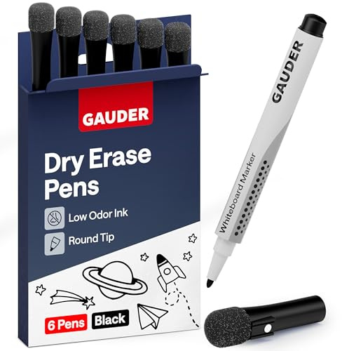 GAUDER Whiteboard Marker Set (6 pens – black) | Whiteboard pens | Dry and residue-free erasable | Dry erase markers with sponge, ideal for whiteboards and magnetic boards