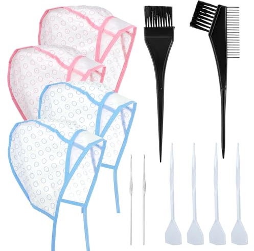 Bewudy 12 Pcs 4 Sets of Highlight Cap with Hooks, Hair Highlighting Caps, Highlight Hair Coloring Frosting Dye Kit for Salon Hair Dyeing Hairdressing(Blue+Pink)