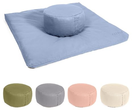 Vedara® Meditationsset Yogakissen Meditationsmatte Zabuton Kissen Rund – Waschbarer Bezug aus 100% robuster Baumwolle – Yoga Sitzkissen mit Bio-Dinkelspelzfüllung – Sitzhöhe 15cm