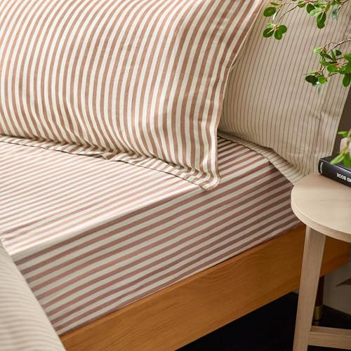 Yard Hebden Midi Striscia Lenzuolo Aderente – Ultra Morbido 100% Cotone Lenzuolo A Righe (Pecan – Singolo – 90x190x32cm)