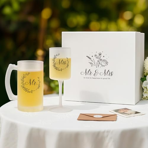 AW BRIDAL Mr Mrs Wedding Champagne Flutes Beer Glasses Set, Crystal Champagne Glasses Wedding Bridal Shower Gifts for Couples Anniversary Engagement Gifts for Bride Groom Newlyweds