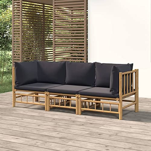 ShGaxin 3-TLG. Garten-Lounge-Set mit Dunkelgrauen Kissen Bambus, Lounge Gartenmöbel Set, Terassenmöbel Wetterfest, Loungemöbel Terrasse, Gartenlounge, Garten Loungemöbel Set, 3155215