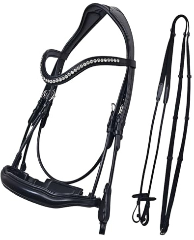 FLUFFYCUD Western Leather Bitless Snaffle Bridle for Horses, English Jumping Bridle with Crystal Browband, Removable Noseband & Rubber Reins Adjustable Padded Headstall (White Jadkan Black - Full)