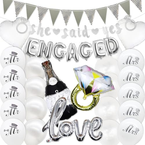 34pcs Engagement Party Decorations Set, Silver Engaged Foil Balloons, She Said Yes Banner, Diamond Ring Balloon, Engagement Party Decor, Latex Balloons for Bridal Shower & Wedding