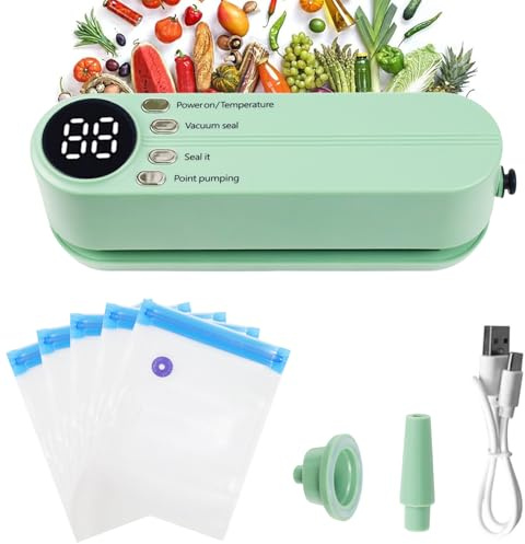 Mini Vakuumierer, Tragbar 60 KPA Folienschweißgerät mit 3 Temperaturstufen, 5 Beutel, 1 Inflator Adapte und 1 Luftabsaugadapter zur Snackkonservierung und Lebensmittelaufbewahrung (grüner)