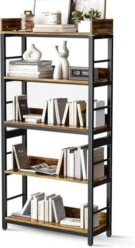Aquzee Bücherregal Holz, Vintage Regal mit 5 Ebenen, Hoch Regal Standregal, Maximaler Tragfähigkeit 330 KG, Industrial Lagerregal Metallrahmen, Offenes Regal Schwarz Metall für Wohnzimmer