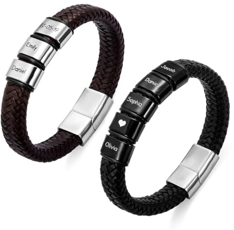 Bracciale personalizzato con perline di corda per papà - Pelle intrecciata - Regalo marito - Nome personalizzato