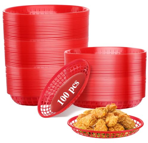 Oungy 100 Pcs Plastic Oval Food Baskets, 22 x 14 x 3.5cm Reusable Fast Food Baskets, Red Foods Serving Basket for Chip, Hot Dog, Burger, Bread, Fruit