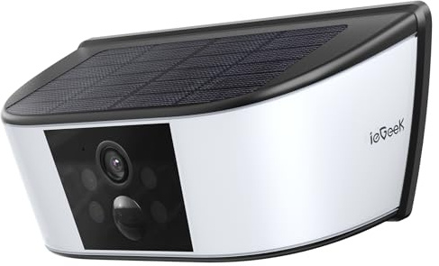 ieGeek Camara Vigilancia WiFi Exterior Solar, Camara Solar Inalámbrica con Luz con Pared, 3MP, luz activada por Movimiento，Vision Nocturna Color, Deteccion PIR/AI, IP65, Compatible con Alexa,S4
