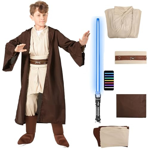 Makoike Costume Jedi 5 pièces pour enfants avec tunique de chevalier Skywalker sabre laser à capuche, robe, pantalon, ceinture, accessoires de costume d'Halloween