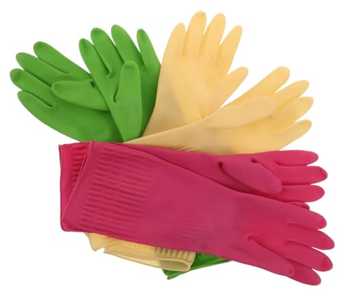 LRXIYODE 3 Pairs Thickened Reusable Latex Gloves with Extended Cuff Non Slip Kitchen Dishwashing Mitts for Household Cleaning Bathroom Laundry Pet Care Green Pink Natural