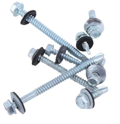 Selbstbohrende Sechskantschrauben aus Metall mit EPDM-Unterlegscheibe für sichere Befestigung von Well- und Trapezblechen, 6 x 3 mm Durchmesser (6,3 x 125 mm), 100 Stück