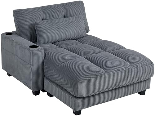 HOMCOM Chaiselongue 2 Sitzer Schlafsofa Cord-Optik 114 x 147 cm Dunkelgrau | Sofa mit Bettfunktion, Links/Rechts Armlehne, Becherhalter und Lendenkissen, Couch für Wohnzimmer und Schlafzimmer