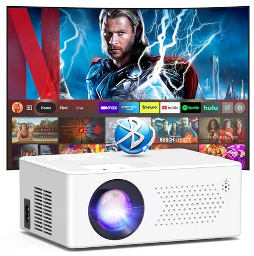 Smart Beamer con Android, Mini Beamer WiFi6 Bluetooth 5.2 Full HD 1080P Portátil Exterior/Home Cinema Proyector, Zoom 50% Pantalla 200 pulgadas, Compatible con Stick/HDMI/Smartphone/Consola de Juegos