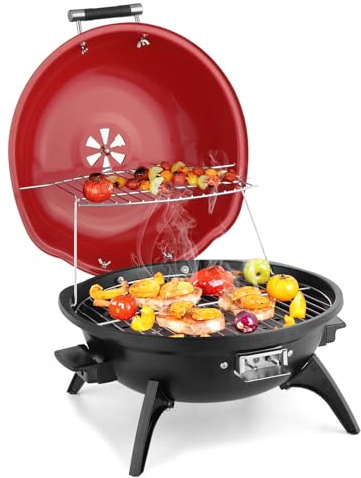 Outopee Electric Tabletop BBQ Grill, Portable Removable Countertop Barbecue Grill with Double Layer Design for Kitchen Garden Patio Balcony Outdoor & Indoor Use, 1600W, Red