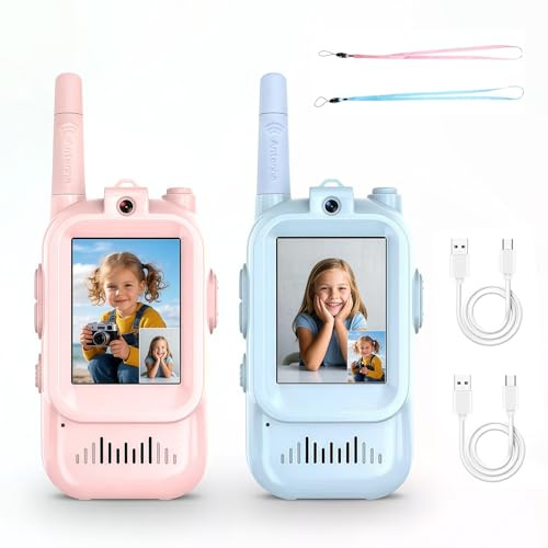 Walkie-talkie Video per Bambini 2 Walkie-talkie Ricaricabili Tramite USB-C con Schermo IPS da 2 Pollici e Modificatore Vocale per Campeggio Viaggi Escursioni Regalo per Bambini